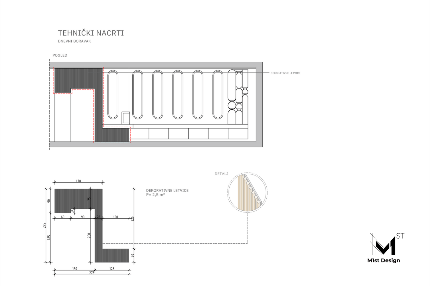 Dizajn interijera u klaićevoj - tehnički nacrti dnevnog boravka